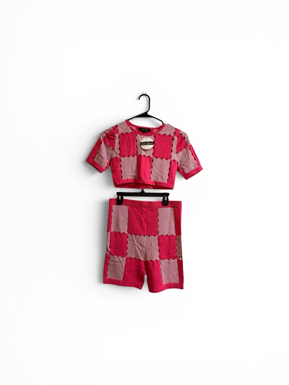 WinWin Two-Tone Pink Patchwork Knit Crewneck Crop Top